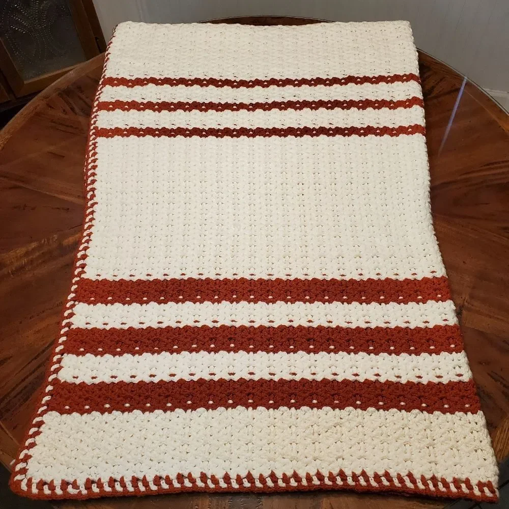 Vintage Handmade Crochet Throw Blanket Off White with Burnt Orange Stripes